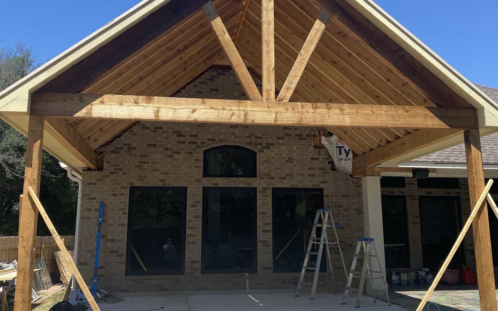 Covered patio addition framing during construction, Austin TX