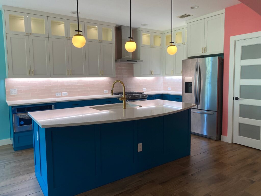 Kitchen remodel with blue island and quartz countertops in Round Rock TX