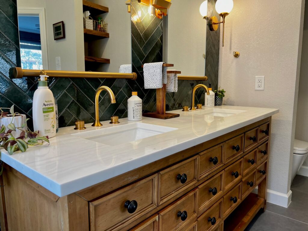 Double vanity bathroom remodel with green tile in Circle C, South Austin TX
