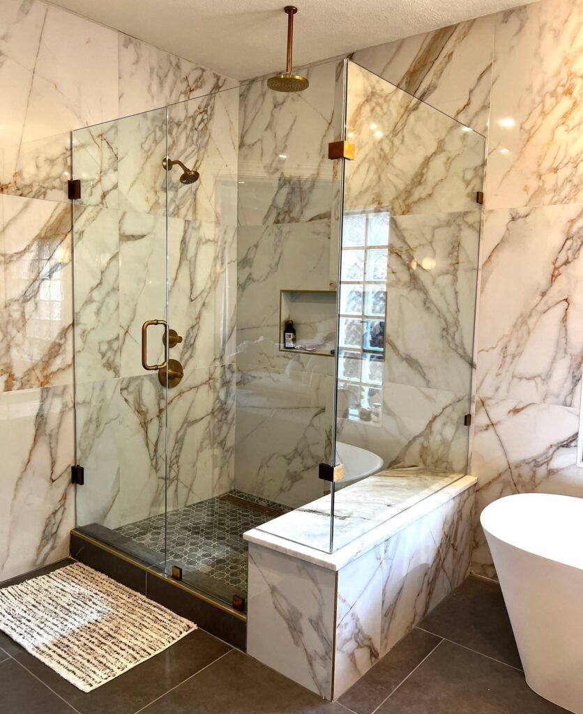 Marble walk-in shower bathroom remodel in Circle C, South Austin TX
